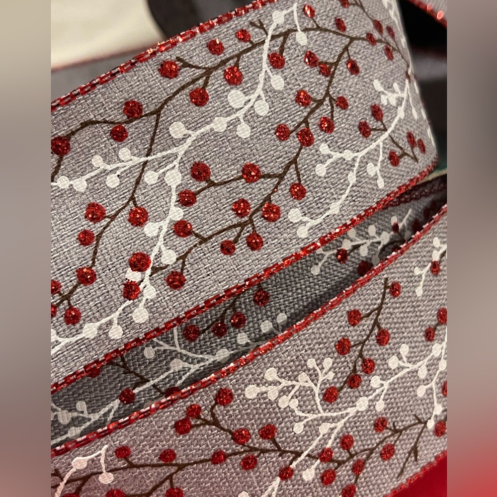 Gray Christmas RIBBON 2.5" Wire-Edge, Gray, Red, white & black w/glitter berries
